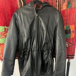 Perfect condition cinched waist black Leather coat 90s 2000s
